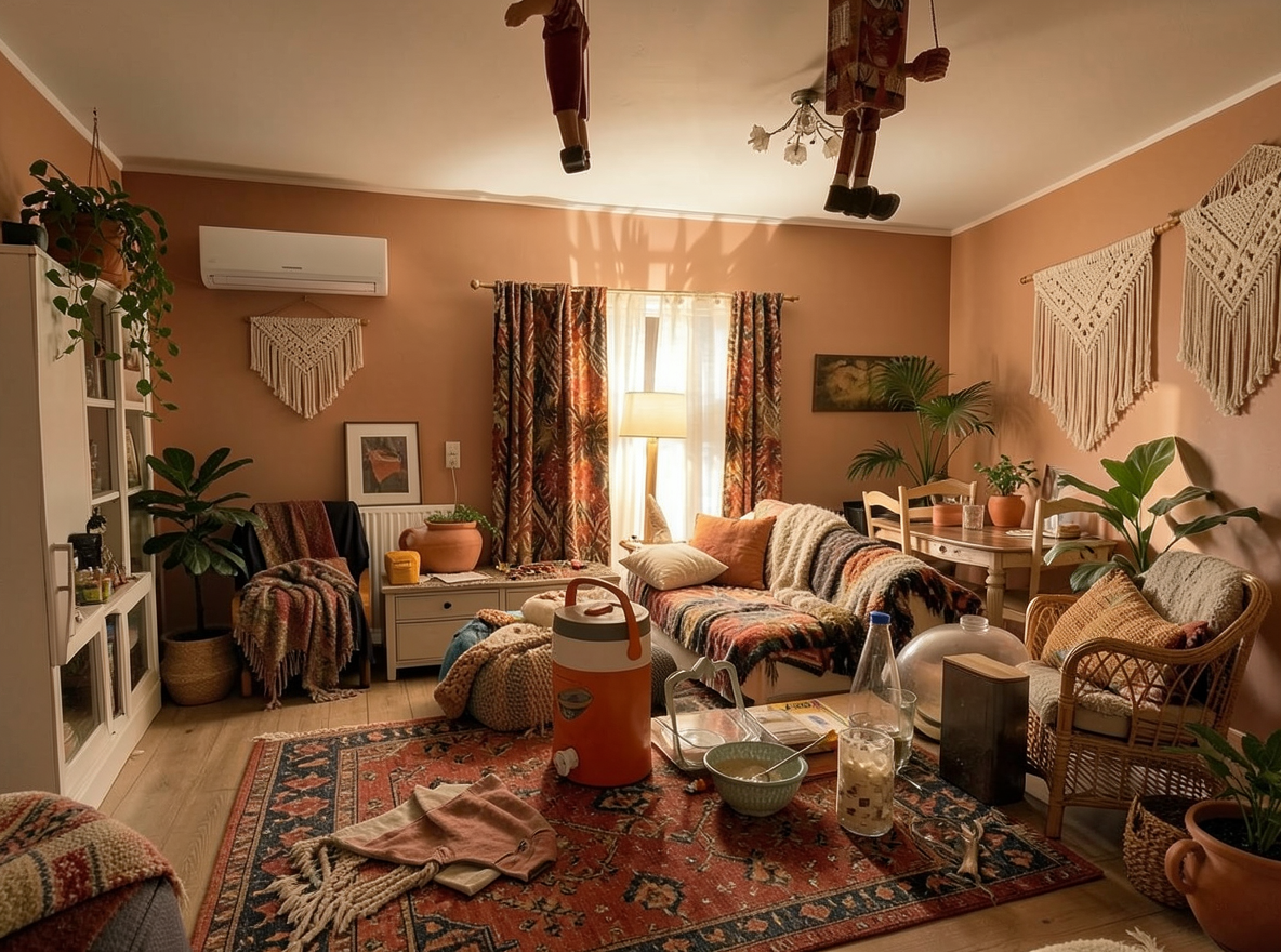 Main redesign studio: Redesign this room in a Boho interior style: layered patterned textiles, rattan and macramé, terracotta and warm earthy tones, abundant plants, vintag