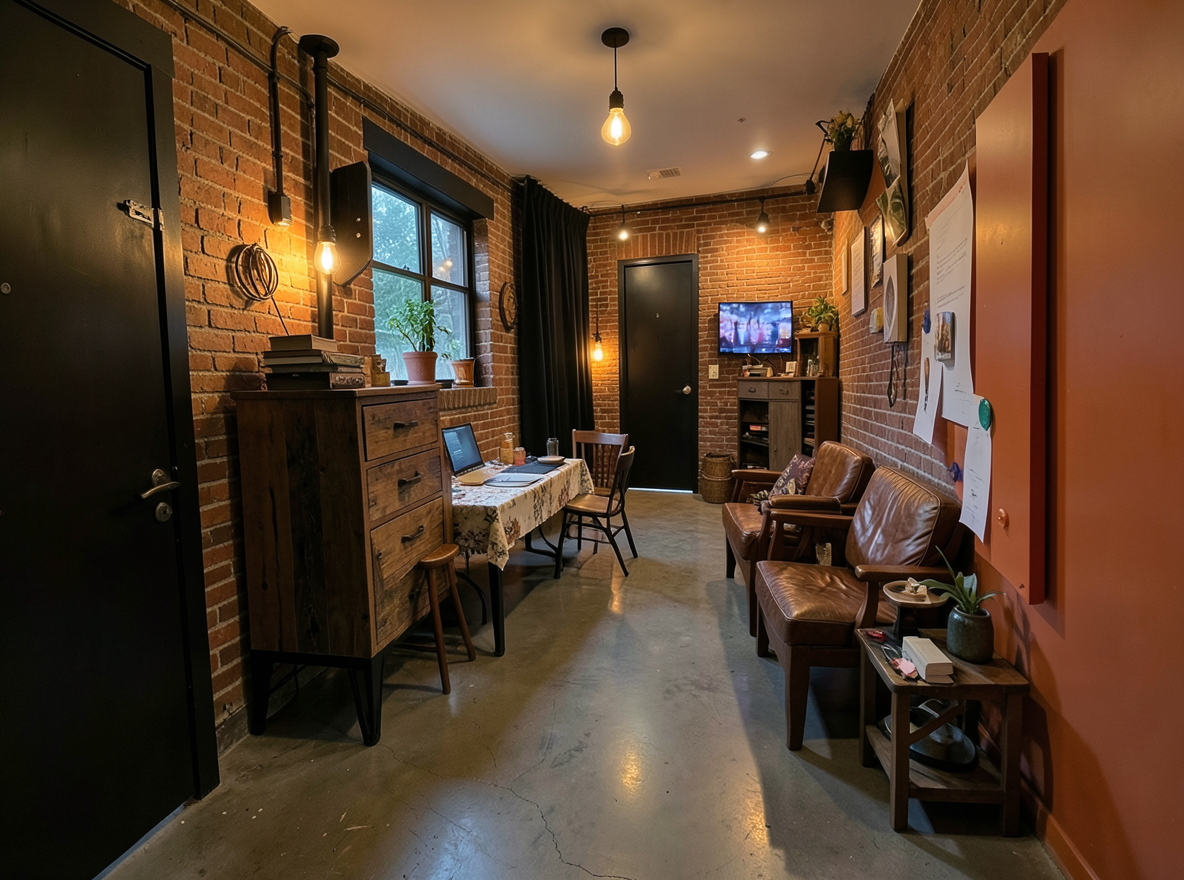Main redesign studio: Redesign this room in a Industrial interior style: exposed-brick walls, black steel and reclaimed-wood furniture, polished concrete floor, leather acc