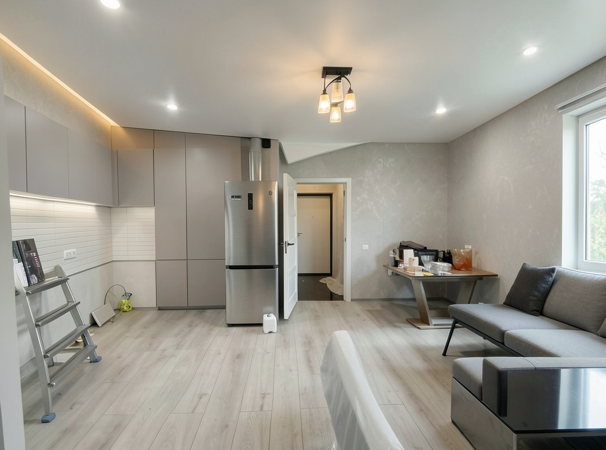 Main redesign studio: Redesign this room in a Modern interior style: clean lines, a neutral palette with bold accents, sleek low-profile furniture, glass and matte-metal su