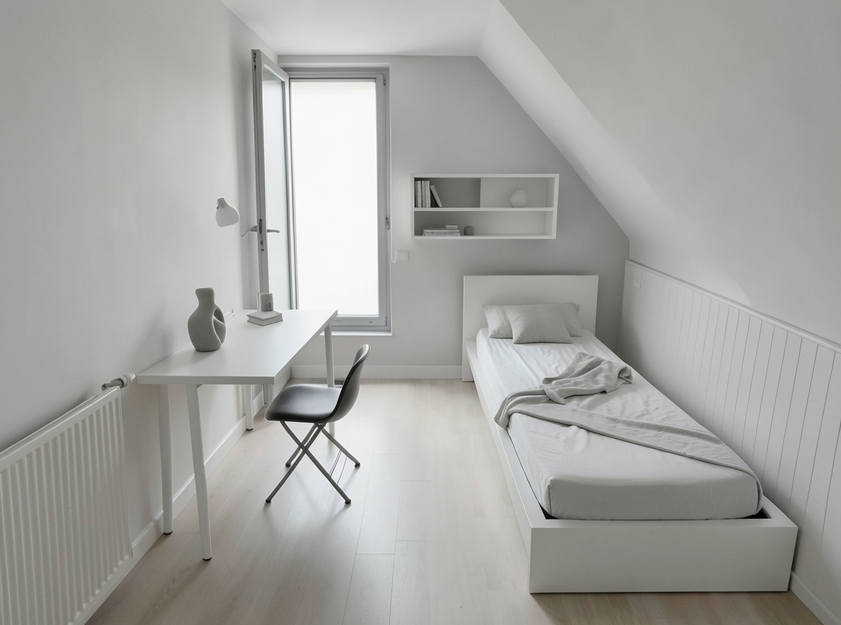 Main redesign studio: Redesign this room in a Minimalist interior style: an uncluttered space, a monochrome neutral palette, a few sculptural pieces, concealed storage, sof