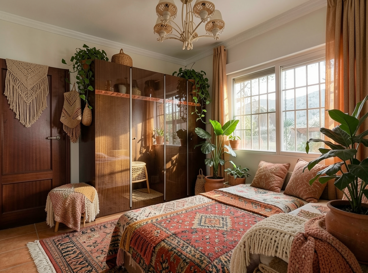 Main redesign studio: Redesign this room in a Boho interior style: layered patterned textiles, rattan and macramé, terracotta and warm earthy tones, abundant plants, vintag