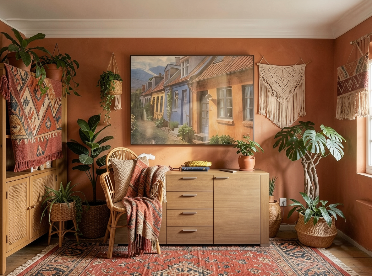 Main redesign studio: Redesign this room in a Boho interior style: layered patterned textiles, rattan and macramé, terracotta and warm earthy tones, abundant plants, vintag