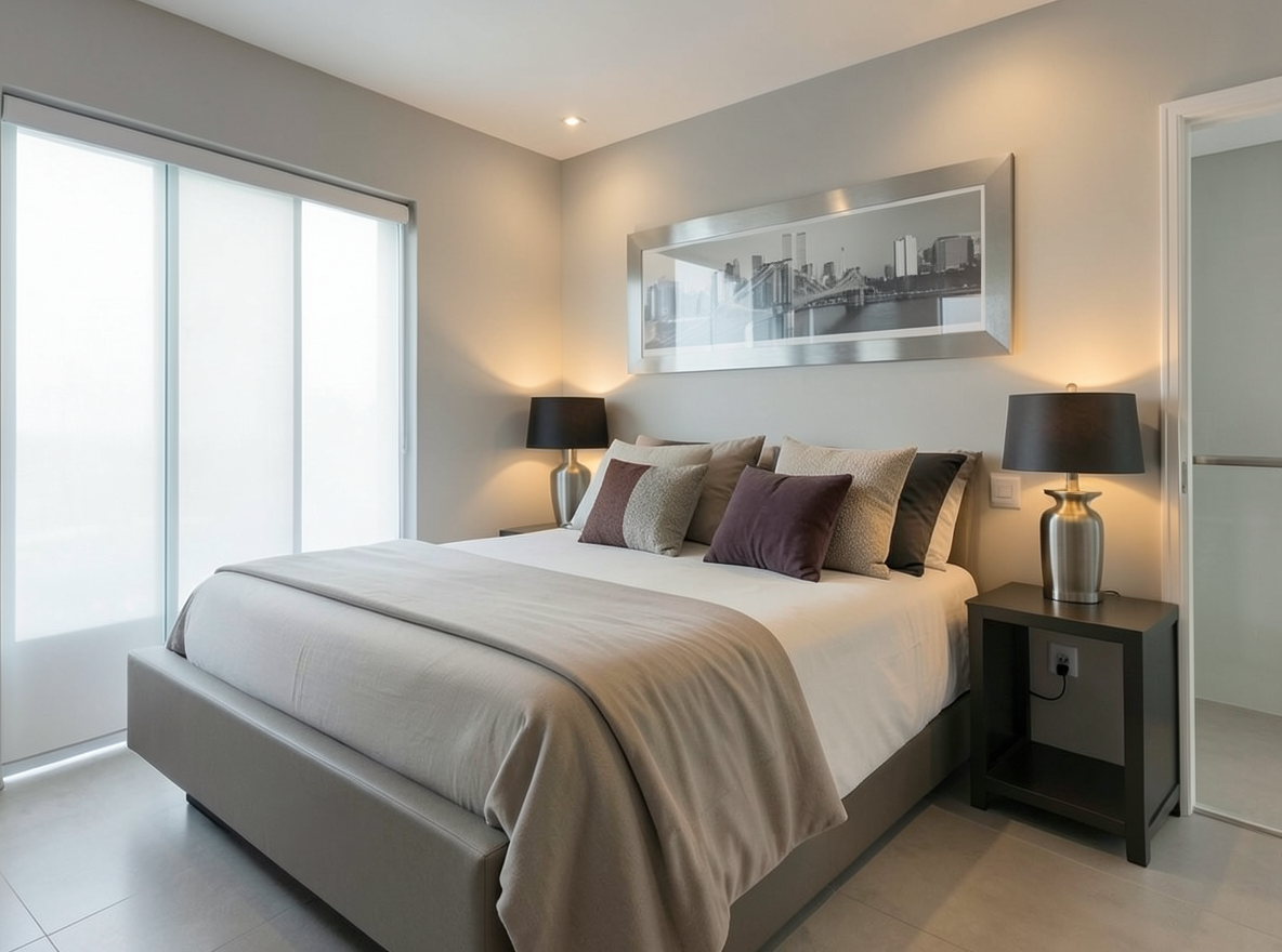 Main redesign studio: Redesign this room in a Modern interior style: clean lines, a neutral palette with bold accents, sleek low-profile furniture, glass and matte-metal su