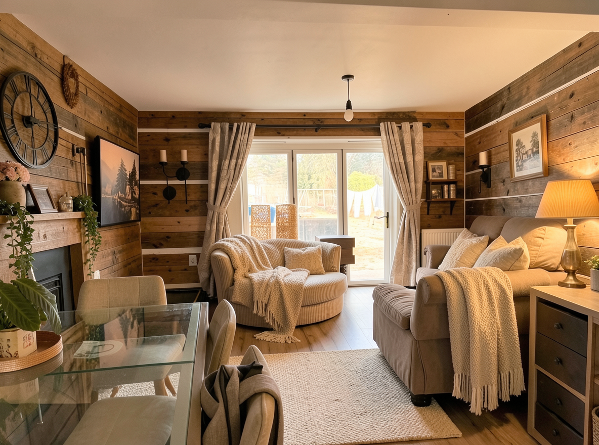 Main redesign studio: Redesign this room in a Farmhouse interior style: shiplap walls, warm reclaimed wood, matte-black fixtures, cozy neutral textiles, vintage accents, so