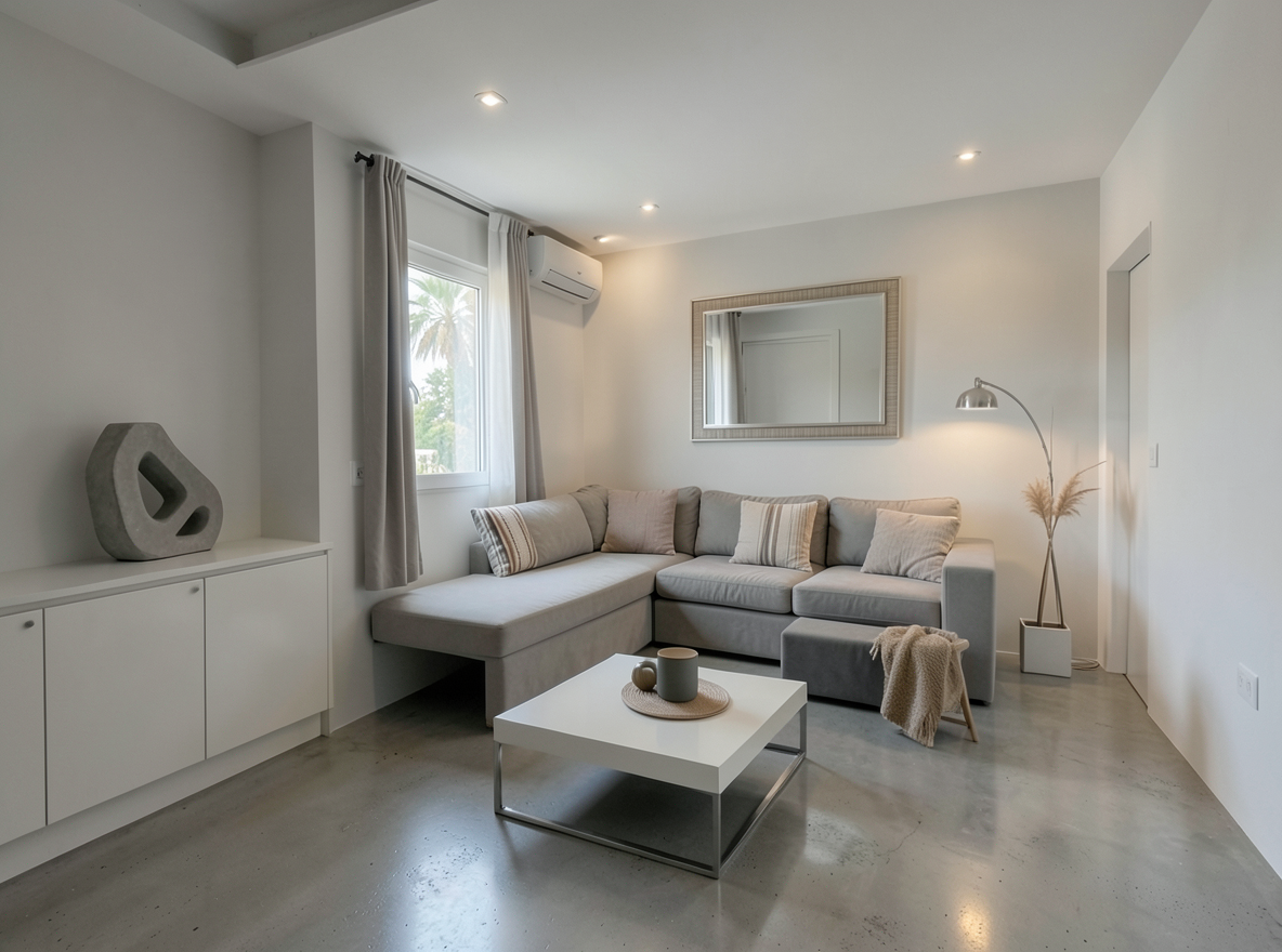 Main redesign studio: Redesign this room in a Minimalist interior style: an uncluttered space, a monochrome neutral palette, a few sculptural pieces, concealed storage, sof