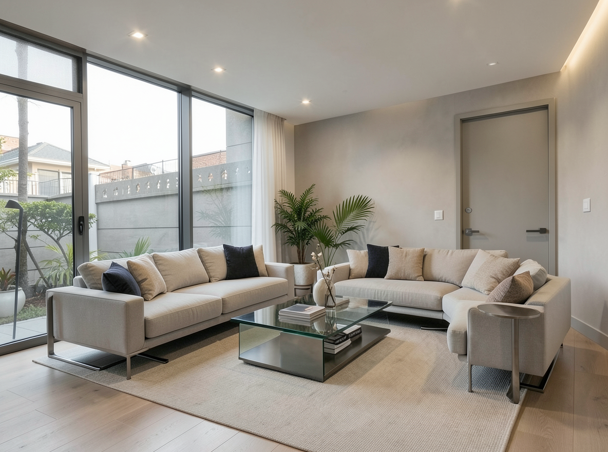 Main redesign studio: Redesign this room in a Modern interior style: clean lines, a neutral palette with bold accents, sleek low-profile furniture, glass and matte-metal su