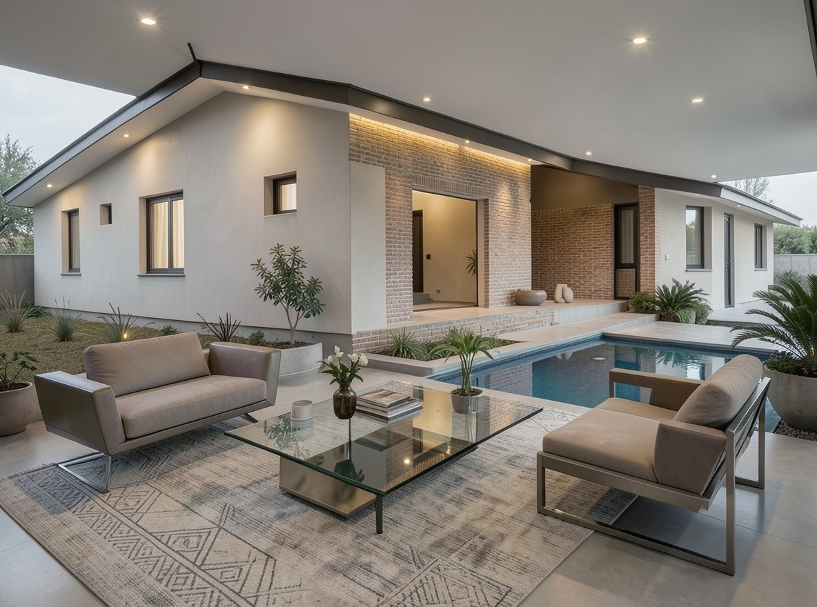 Main redesign studio: Redesign this room in a Modern interior style: clean lines, a neutral palette with bold accents, sleek low-profile furniture, glass and matte-metal su