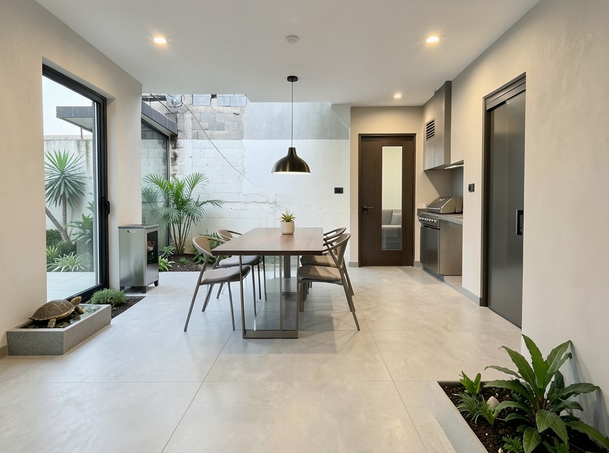 Main redesign studio: Redesign this room in a Modern interior style: clean lines, a neutral palette with bold accents, sleek low-profile furniture, glass and matte-metal su
