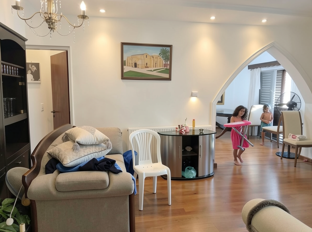 Main redesign studio: Redesign this room in a Modern interior style: clean lines, a neutral palette with bold accents, sleek low-profile furniture, glass and matte-metal su