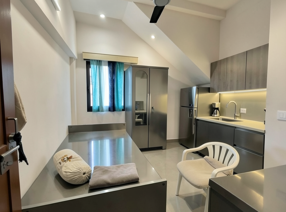 Main redesign studio: Redesign this room in a Modern interior style: clean lines, a neutral palette with bold accents, sleek low-profile furniture, glass and matte-metal su