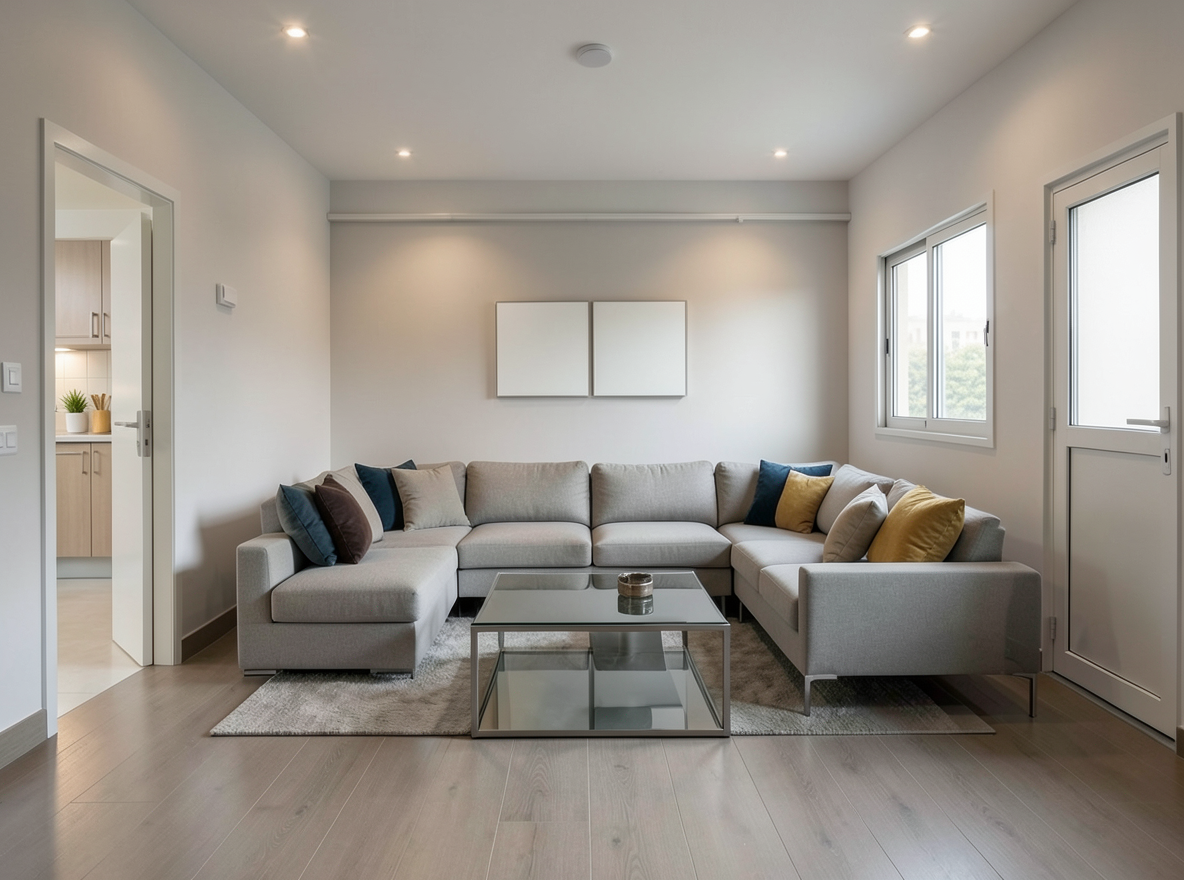 Main redesign studio: Redesign this room in a Modern interior style: clean lines, a neutral palette with bold accents, sleek low-profile furniture, glass and matte-metal su