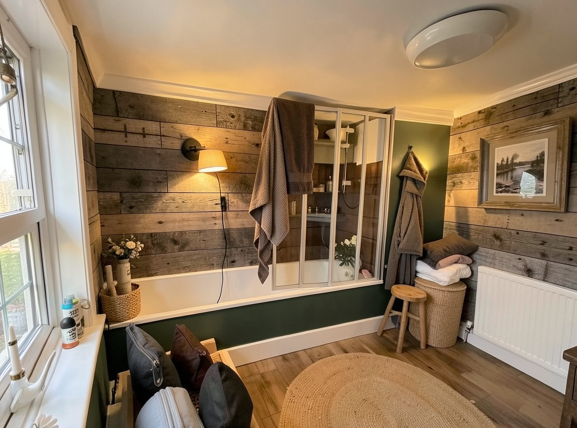 Main redesign studio: Redesign this room in a Farmhouse interior style: shiplap walls, warm reclaimed wood, matte-black fixtures, cozy neutral textiles, vintage accents, so