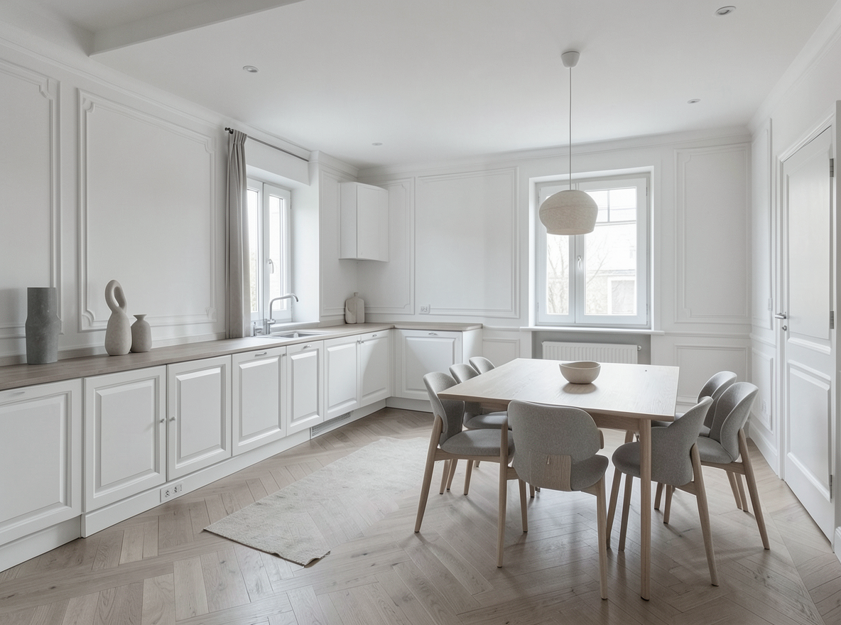 Main redesign studio: Redesign this room in a Minimalist interior style: an uncluttered space, a monochrome neutral palette, a few sculptural pieces, concealed storage, sof