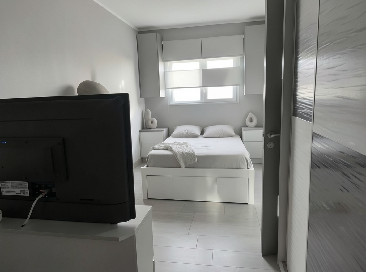 Main redesign studio: Redesign this room in a Minimalist interior style: an uncluttered space, a monochrome neutral palette, a few sculptural pieces, concealed storage, sof