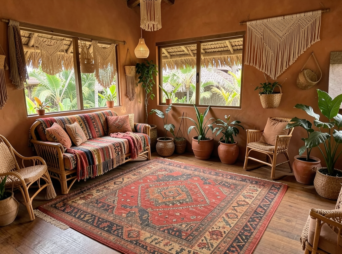 Main redesign studio: Redesign this room in a Boho interior style: layered patterned textiles, rattan and macramé, terracotta and warm earthy tones, abundant plants, vintag