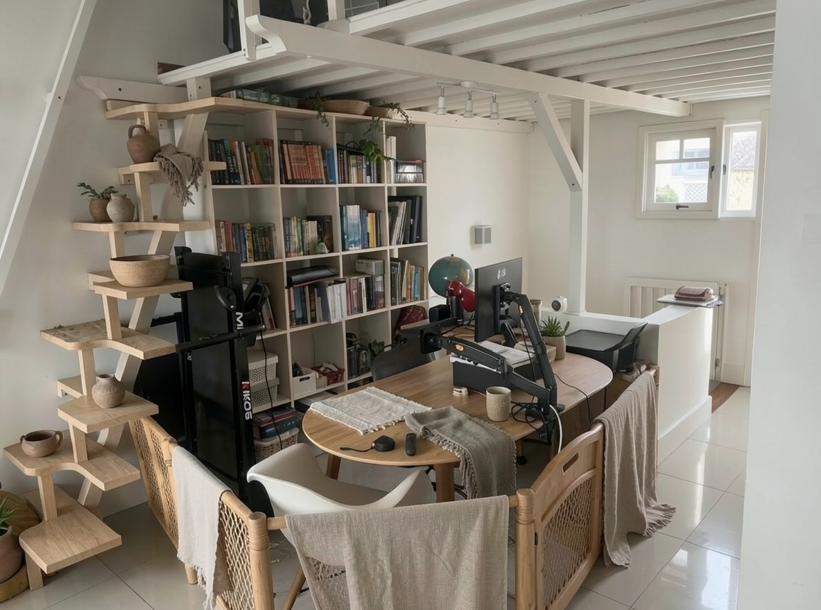 Main redesign studio: Redesign this room in a Japandi interior style: low natural-wood furniture, a muted earthy palette, handcrafted ceramics, linen textiles, soft diffuse