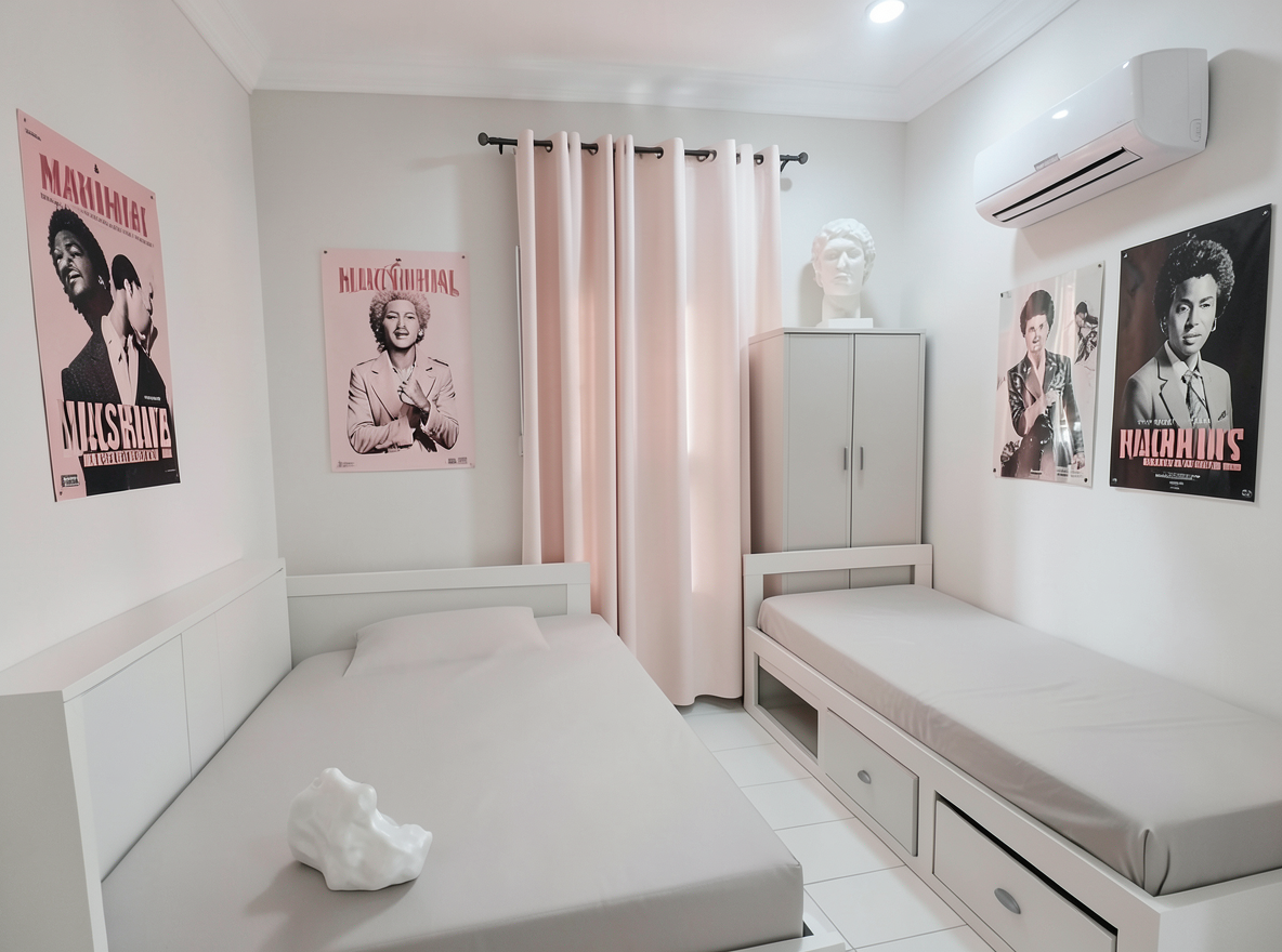 Main redesign studio: Redesign this room in a Minimalist interior style: an uncluttered space, a monochrome neutral palette, a few sculptural pieces, concealed storage, sof