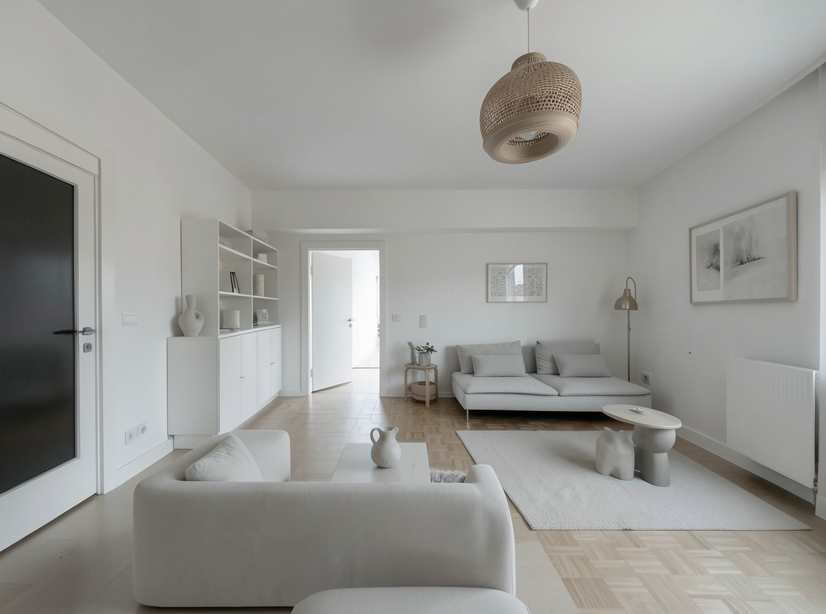 Main redesign studio: Redesign this room in a Minimalist interior style: an uncluttered space, a monochrome neutral palette, a few sculptural pieces, concealed storage, sof