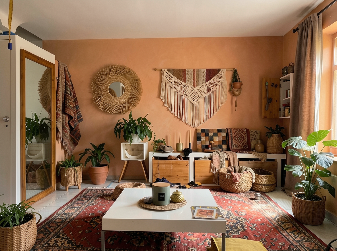 Main redesign studio: Redesign this room in a Boho interior style: layered patterned textiles, rattan and macramé, terracotta and warm earthy tones, abundant plants, vintag