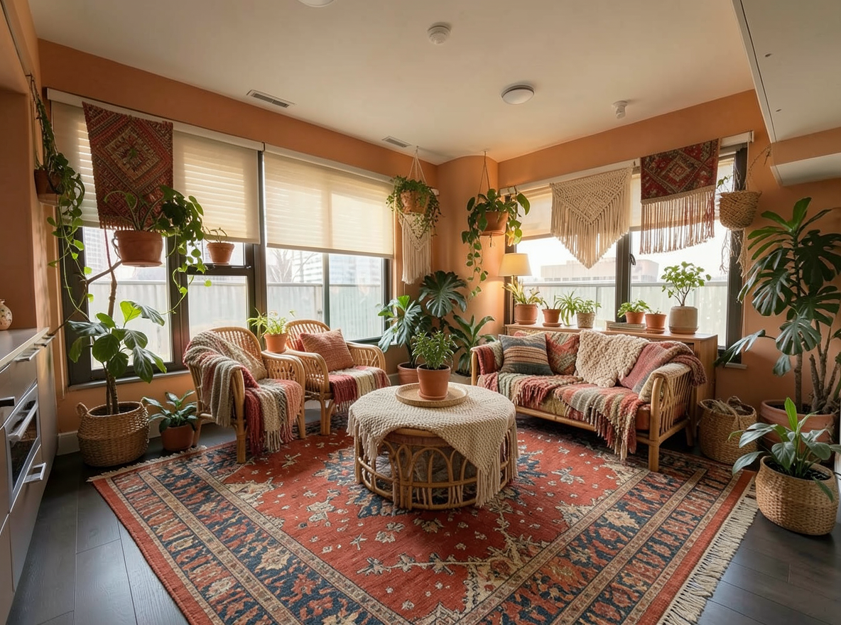 Main redesign studio: Redesign this room in a Boho interior style: layered patterned textiles, rattan and macramé, terracotta and warm earthy tones, abundant plants, vintag