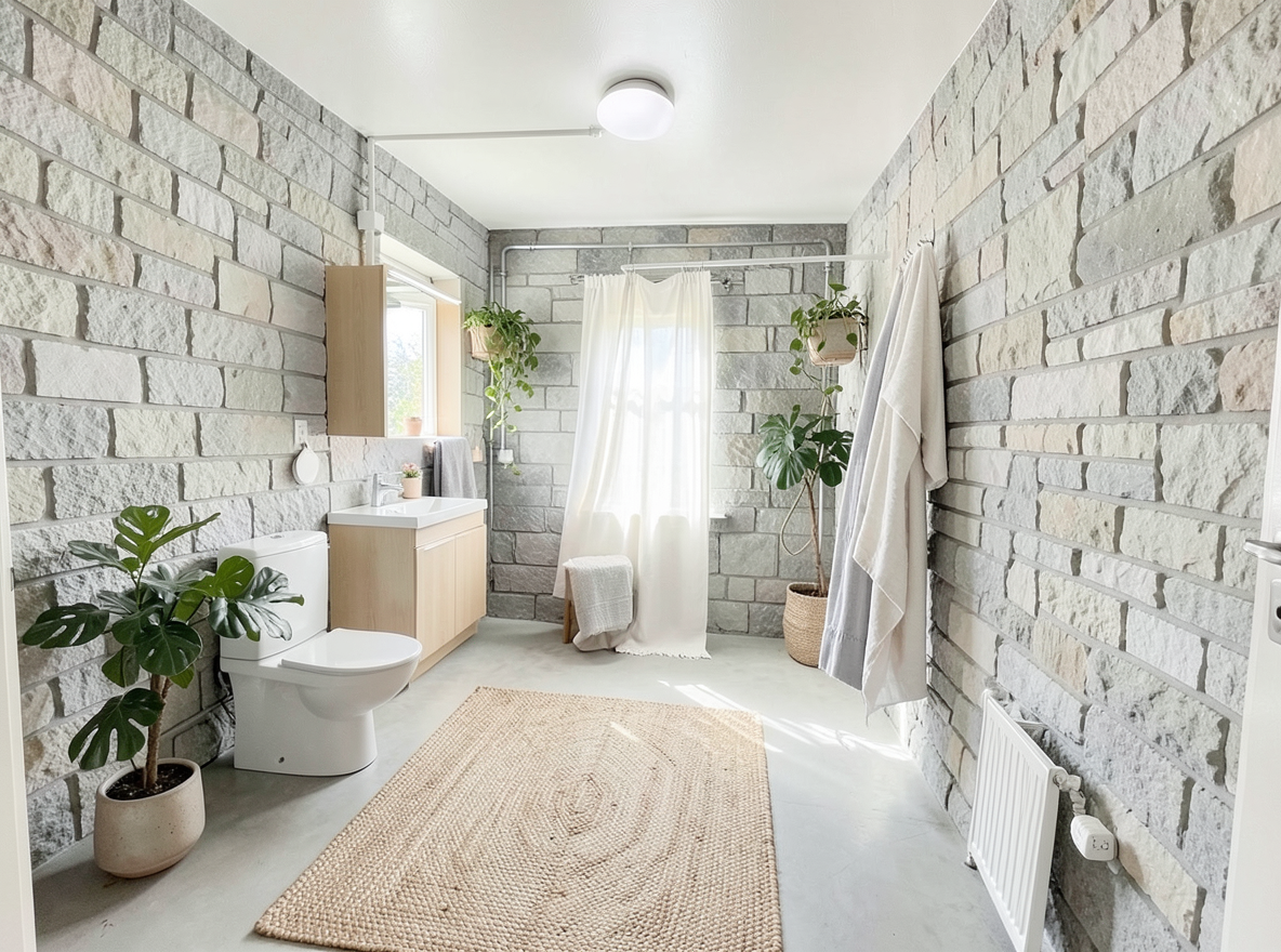 Main redesign studio: Redesign this room in a Scandinavian interior style: light oak wood, a white and soft-grey palette, wool and linen textiles, a woven jute rug, leafy p