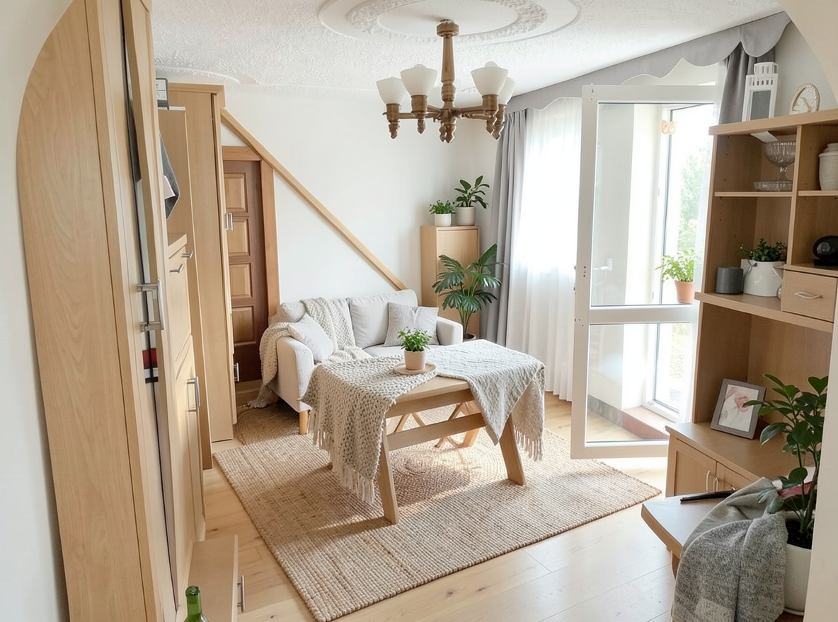 Main redesign studio: Redesign this room in a Scandinavian interior style: light oak wood, a white and soft-grey palette, wool and linen textiles, a woven jute rug, leafy p
