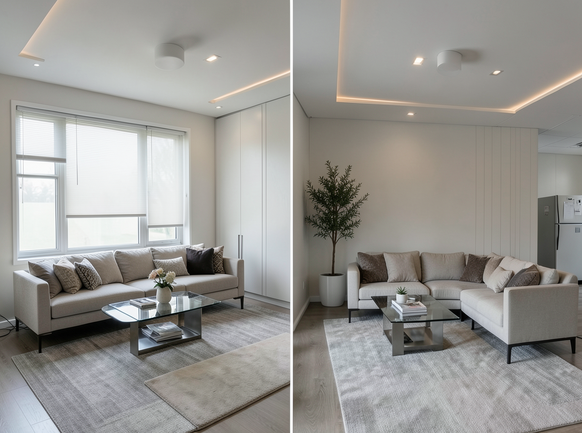 Main redesign studio: Redesign this room in a Modern interior style: clean lines, a neutral palette with bold accents, sleek low-profile furniture, glass and matte-metal su