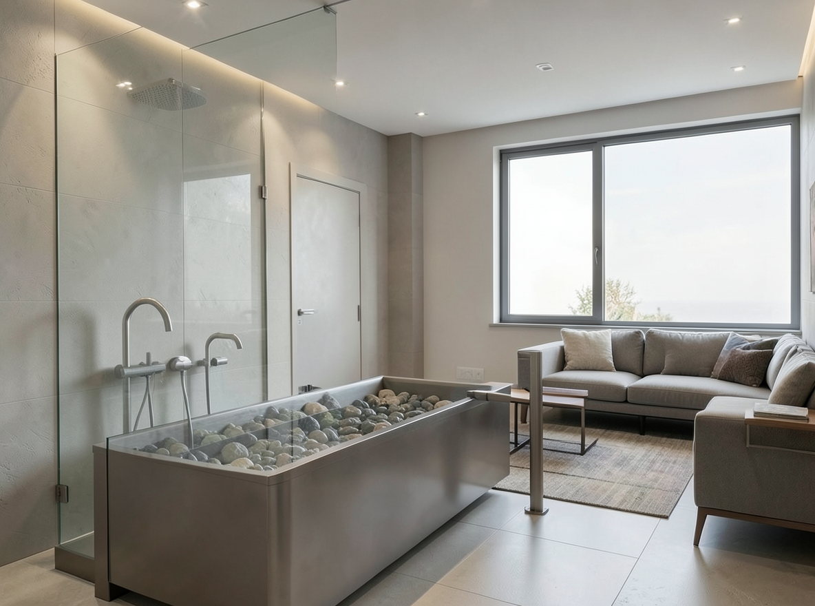 Main redesign studio: Redesign this room in a Modern interior style: clean lines, a neutral palette with bold accents, sleek low-profile furniture, glass and matte-metal su