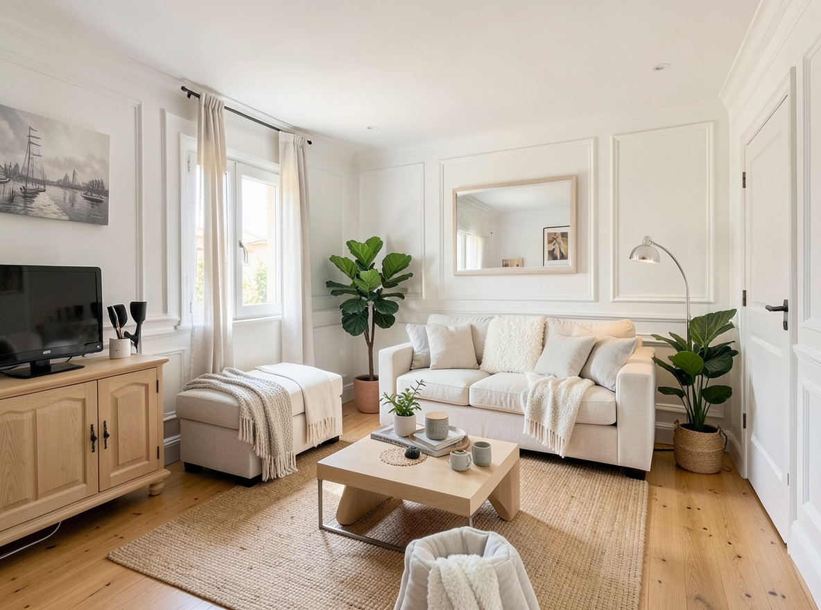 Main redesign studio: Redesign this room in a Scandinavian interior style: light oak wood, a white and soft-grey palette, wool and linen textiles, a woven jute rug, leafy p
