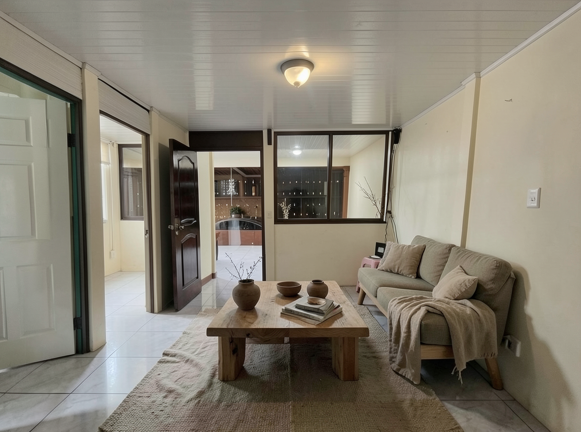 Main redesign studio: Redesign this room in a Japandi interior style: low natural-wood furniture, a muted earthy palette, handcrafted ceramics, linen textiles, soft diffuse