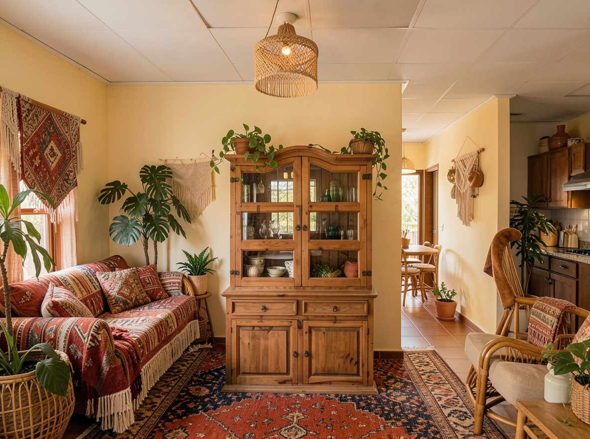 Main redesign studio: Redesign this room in a Boho interior style: layered patterned textiles, rattan and macramé, terracotta and warm earthy tones, abundant plants, vintag