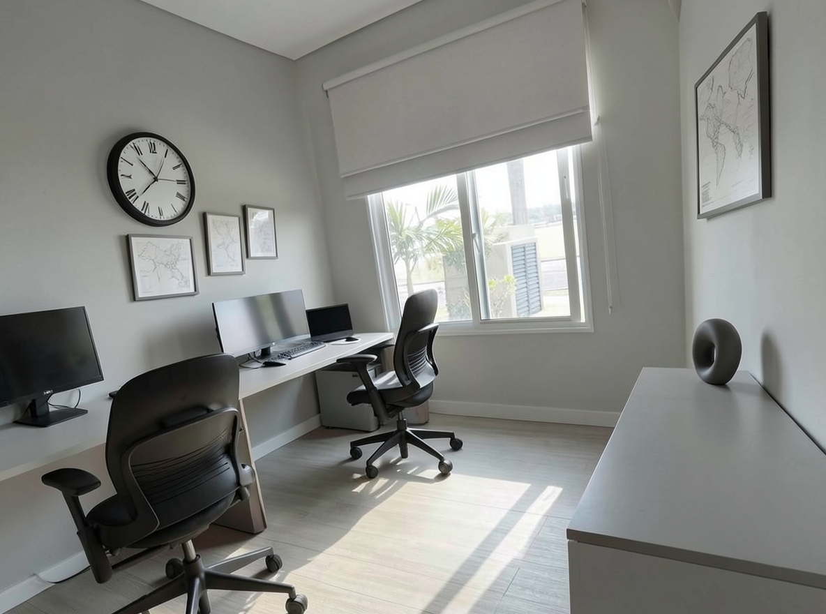 Main redesign studio: Redesign this room in a Minimalist interior style: an uncluttered space, a monochrome neutral palette, a few sculptural pieces, concealed storage, sof