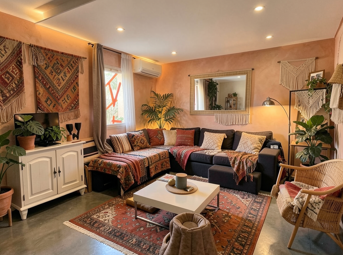 Main redesign studio: Redesign this room in a Boho interior style: layered patterned textiles, rattan and macramé, terracotta and warm earthy tones, abundant plants, vintag