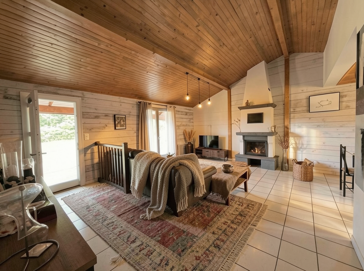 Main redesign studio: Redesign this room in a Farmhouse interior style: shiplap walls, warm reclaimed wood, matte-black fixtures, cozy neutral textiles, vintage accents, so