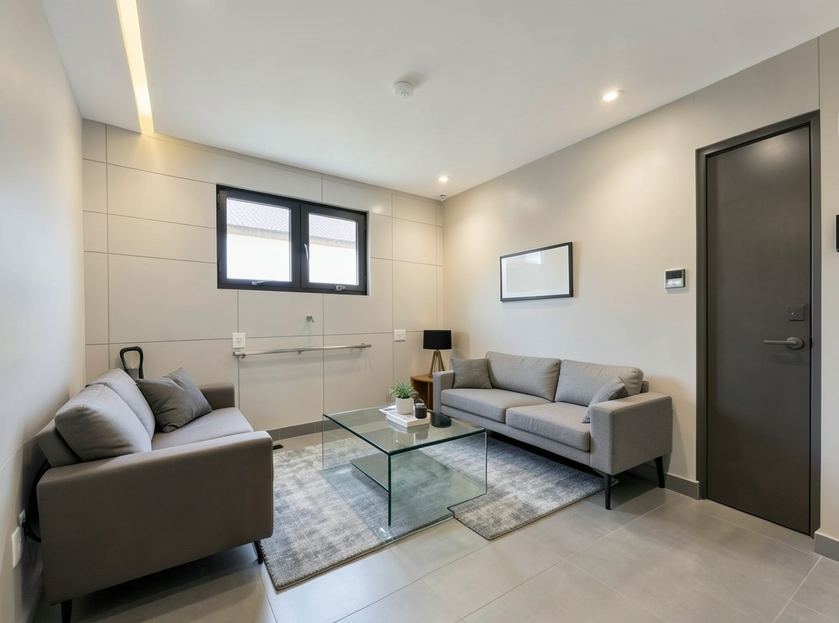 Main redesign studio: Redesign this room in a Modern interior style: clean lines, a neutral palette with bold accents, sleek low-profile furniture, glass and matte-metal su
