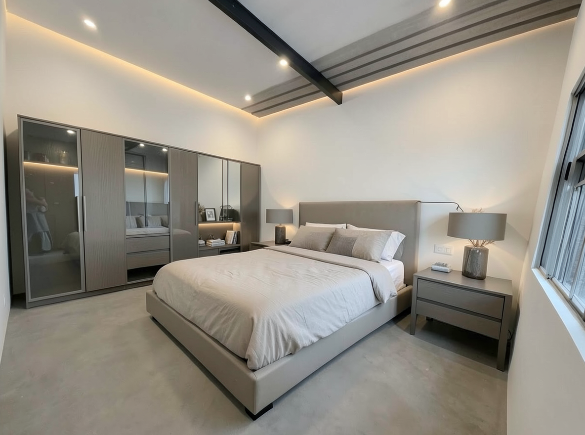 Main redesign studio: Redesign this room in a Modern interior style: clean lines, a neutral palette with bold accents, sleek low-profile furniture, glass and matte-metal su