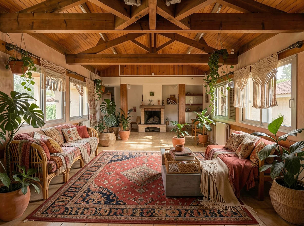 Main redesign studio: Redesign this room in a Boho interior style: layered patterned textiles, rattan and macramé, terracotta and warm earthy tones, abundant plants, vintag
