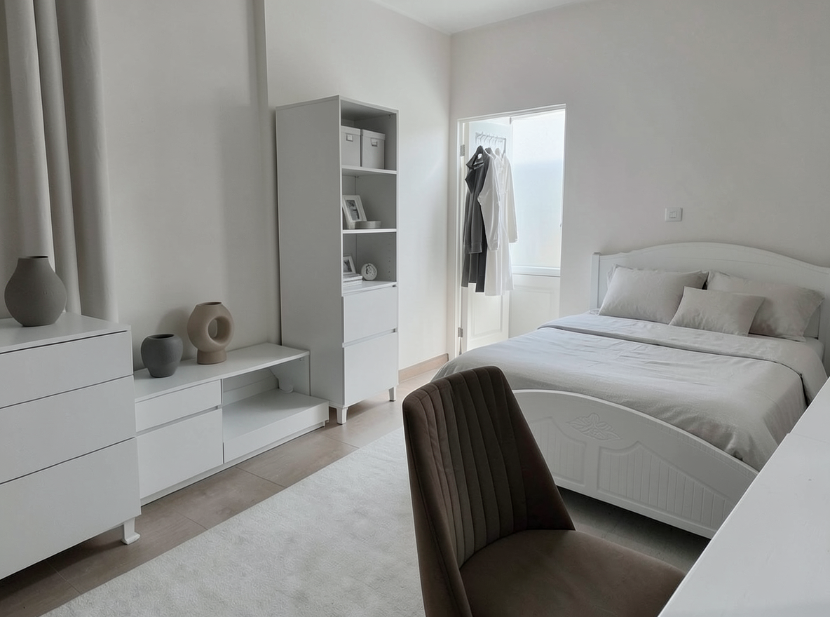 Main redesign studio: Redesign this room in a Minimalist interior style: an uncluttered space, a monochrome neutral palette, a few sculptural pieces, concealed storage, sof