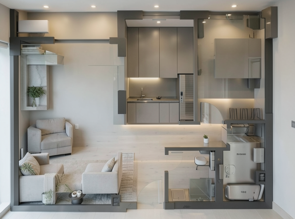 Main redesign studio: Redesign this room in a Modern interior style: clean lines, a neutral palette with bold accents, sleek low-profile furniture, glass and matte-metal su
