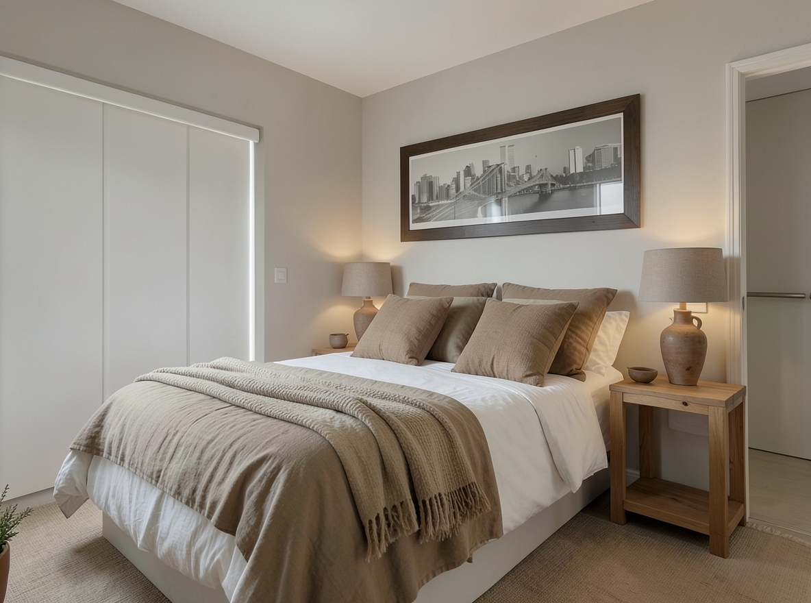 Main redesign studio: Redesign this room in a Japandi interior style: low natural-wood furniture, a muted earthy palette, handcrafted ceramics, linen textiles, soft diffuse