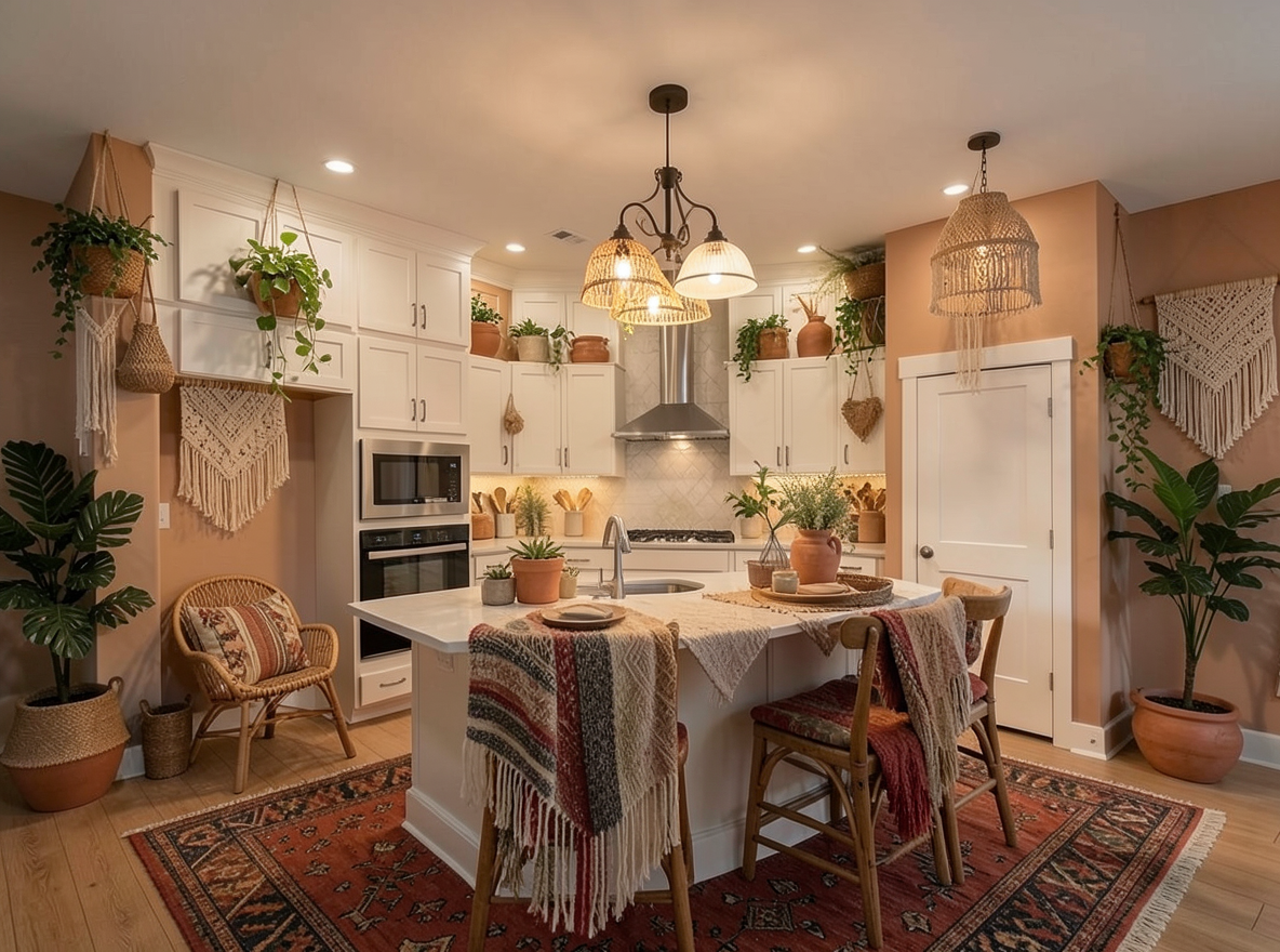 Main redesign studio: Redesign this room in a Boho interior style: layered patterned textiles, rattan and macramé, terracotta and warm earthy tones, abundant plants, vintag