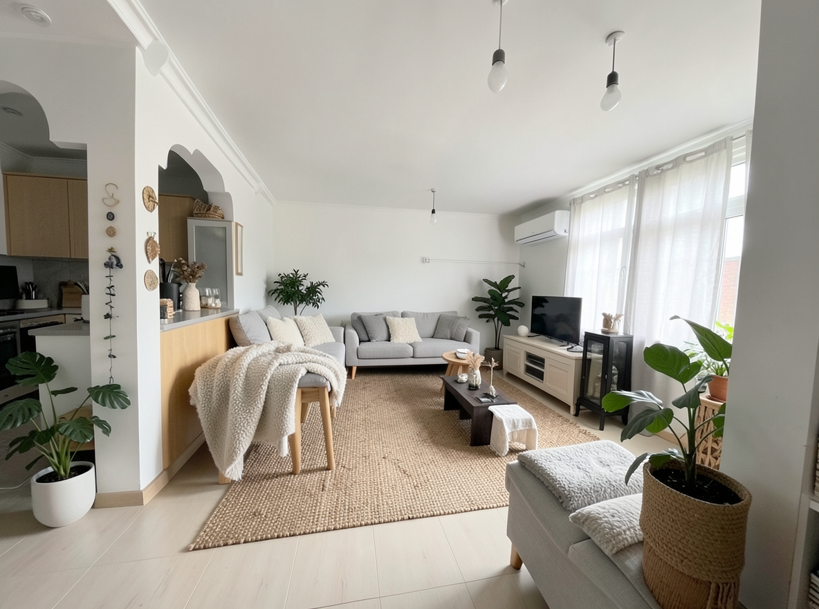 Main redesign studio: Redesign this room in a Scandinavian interior style: light oak wood, a white and soft-grey palette, wool and linen textiles, a woven jute rug, leafy p