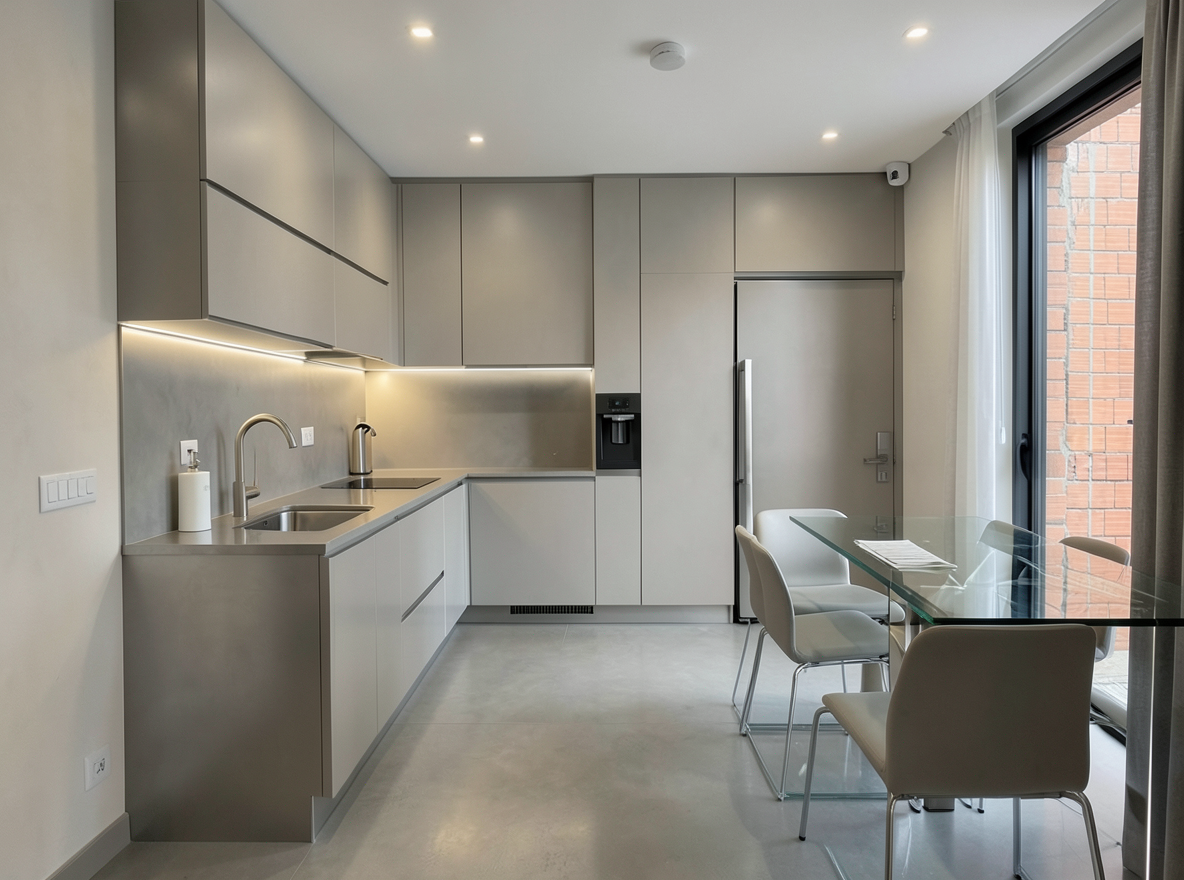 Main redesign studio: Redesign this room in a Modern interior style: clean lines, a neutral palette with bold accents, sleek low-profile furniture, glass and matte-metal su