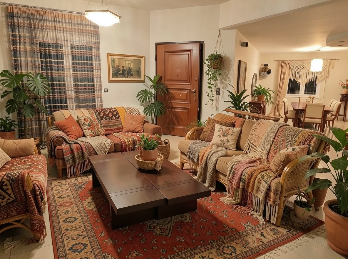 Main redesign studio: Redesign this room in a Boho interior style: layered patterned textiles, rattan and macramé, terracotta and warm earthy tones, abundant plants, vintag