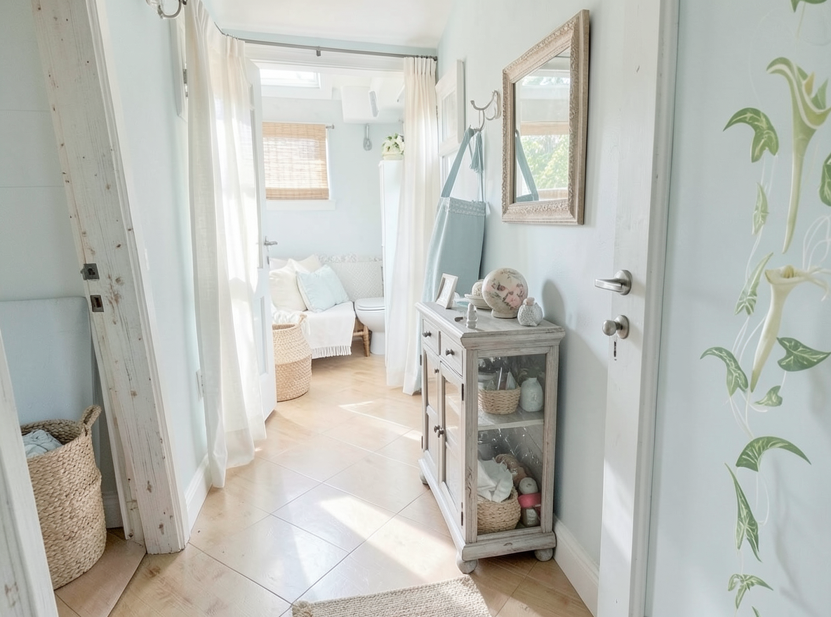 Main redesign studio: Redesign this room in a Coastal interior style: airy whites and soft-blue tones, weathered light wood, natural linen and woven textures, breezy sheer 