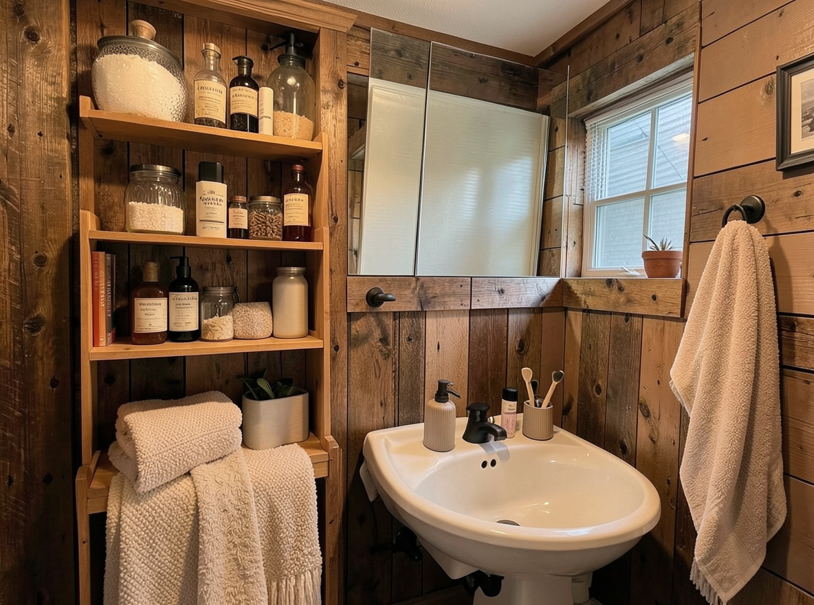 Main redesign studio: Redesign this room in a Farmhouse interior style: shiplap walls, warm reclaimed wood, matte-black fixtures, cozy neutral textiles, vintage accents, so