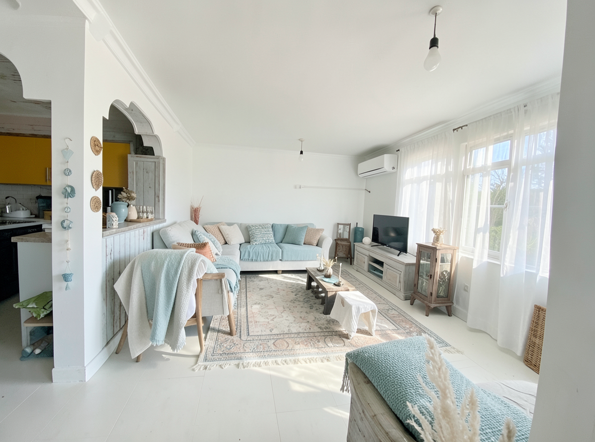 Main redesign studio: Redesign this room in a Coastal interior style: airy whites and soft-blue tones, weathered light wood, natural linen and woven textures, breezy sheer