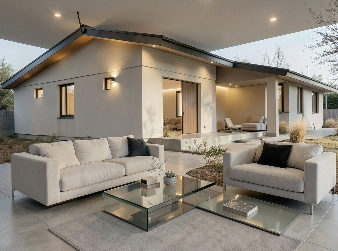 Main redesign studio: Redesign this room in a Modern interior style: clean lines, a neutral palette with bold accents, sleek low-profile furniture, glass and matte-metal su