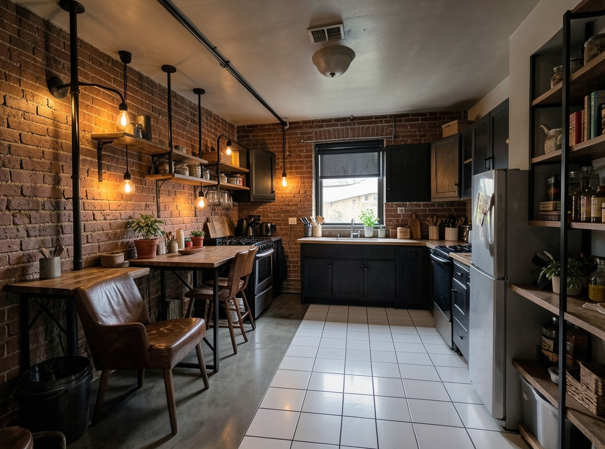 Main redesign studio: Redesign this room in a Industrial interior style: exposed-brick walls, black steel and reclaimed-wood furniture, polished concrete floor, leather acc