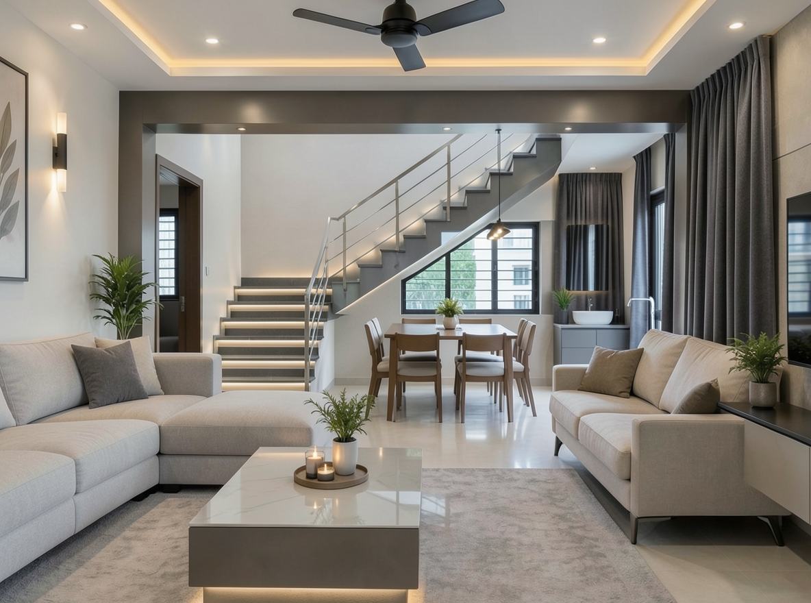 Main redesign studio: Redesign this room in a Modern interior style: clean lines, a neutral palette with bold accents, sleek low-profile furniture, glass and matte-metal su